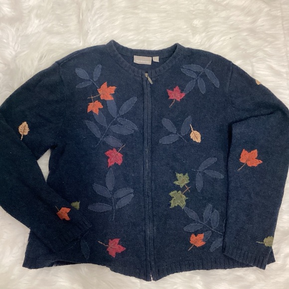 Croft & Barrow Women’s Navy Blue Leaves Full Zip Cardigan Wool Knit Sweater - Picture 5 of 5